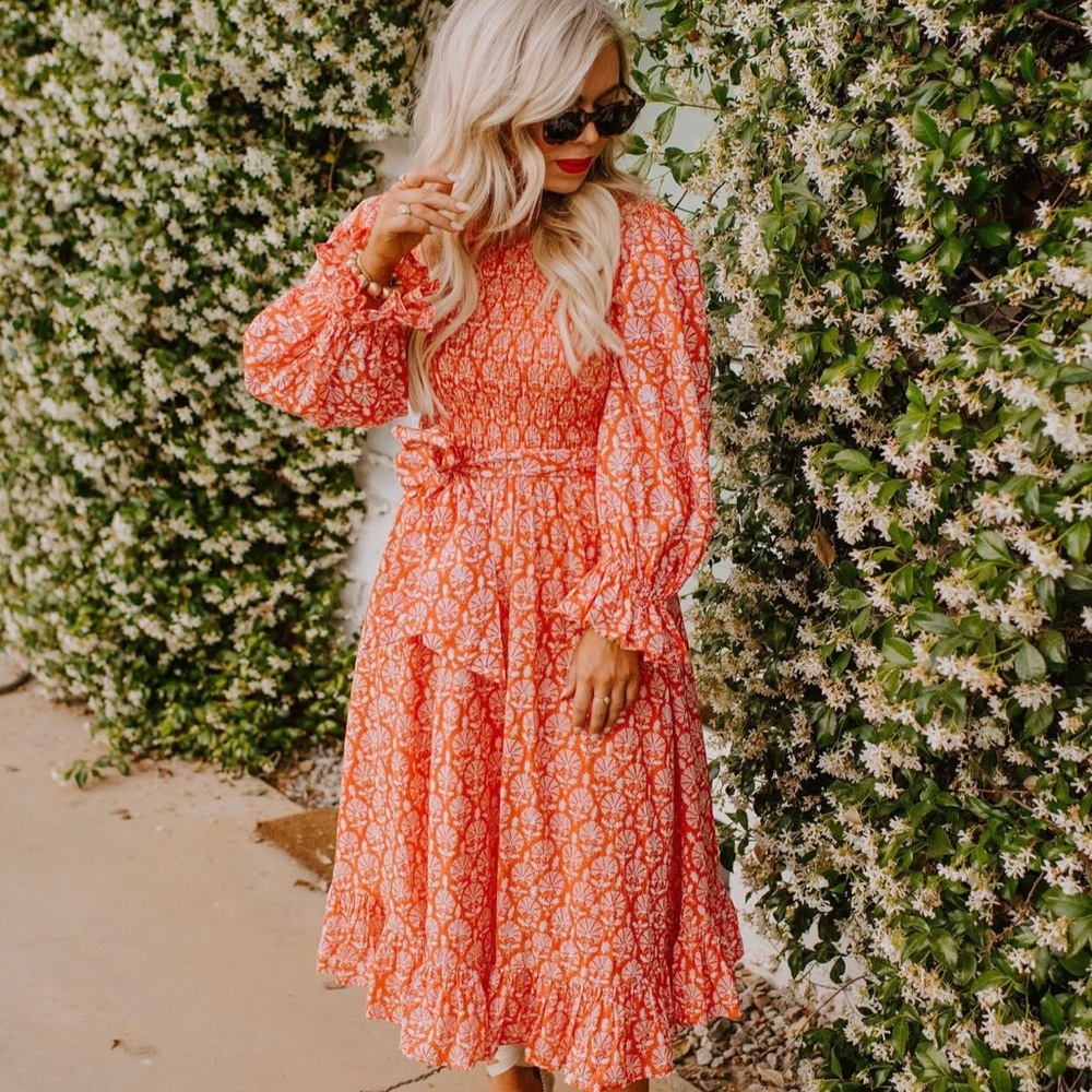 Floral Long Sleeve Dress - Orange